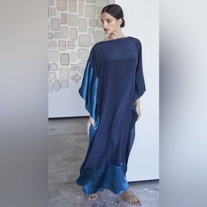 Ocean+Main Los Angeles Blue Kaleidoscope Silk Placket V-Neck Long Caftan Size 2X